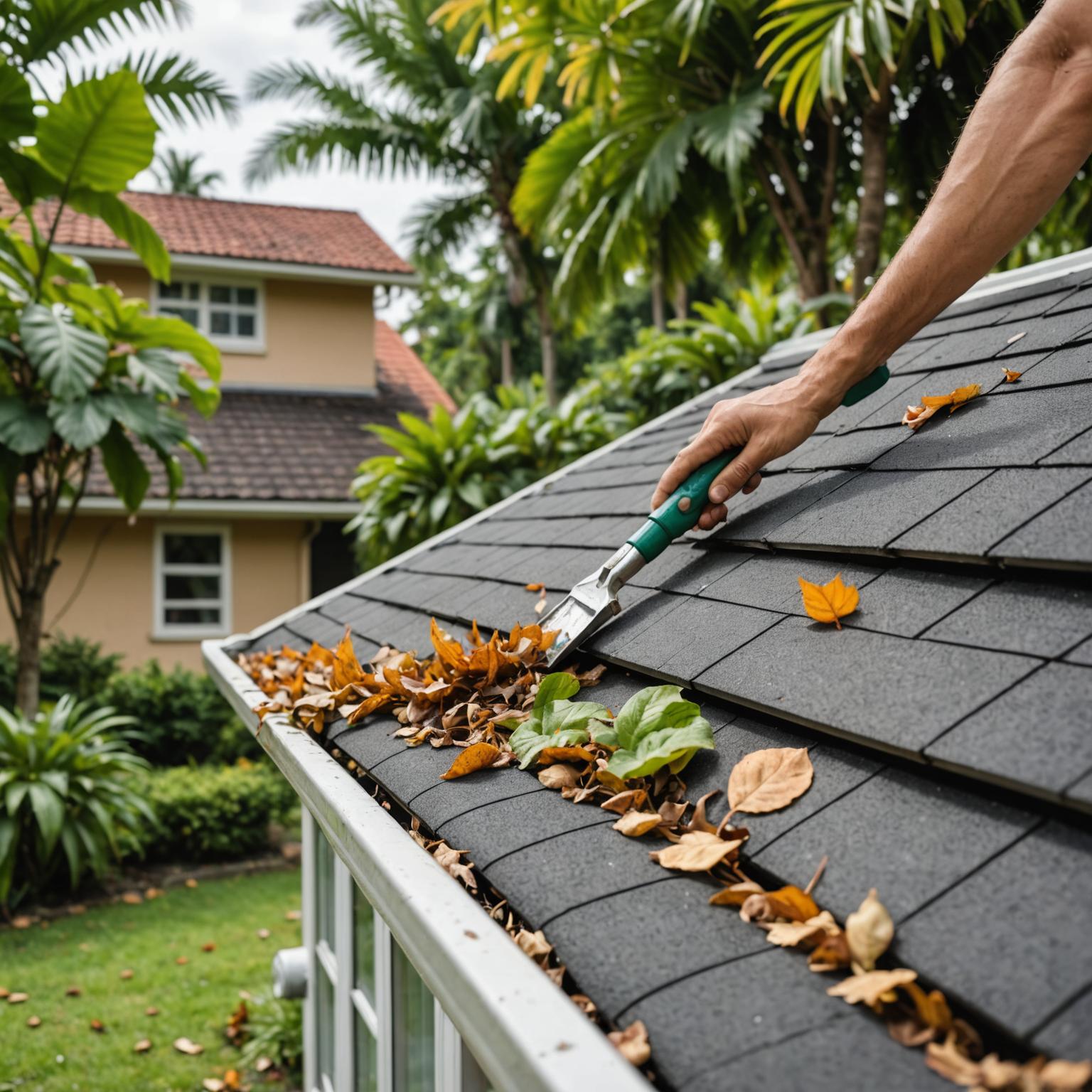 LuxiFlow worker cleaning out gutters on a Malaysian suburban home