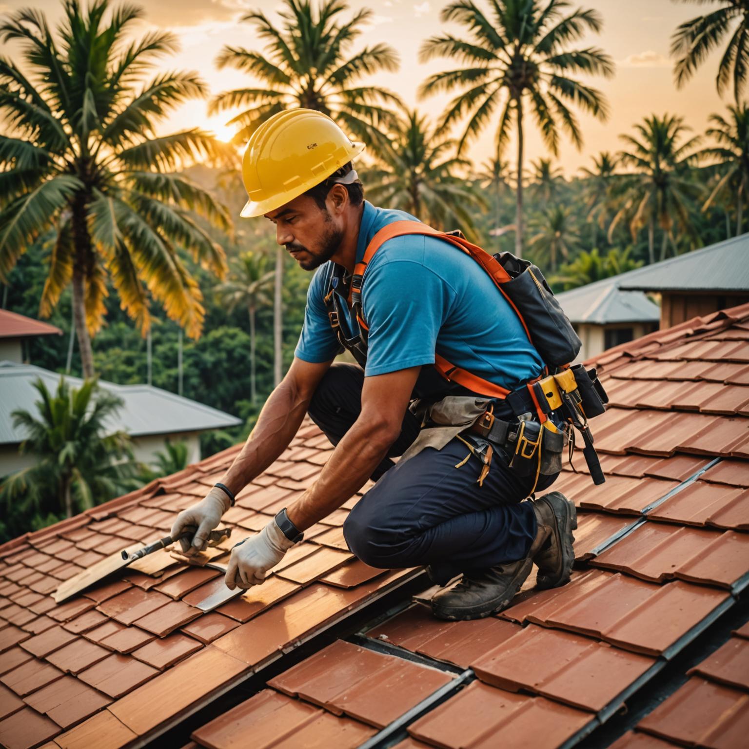 LuxiFlow roofer working on a tropical tile roof at golden hour