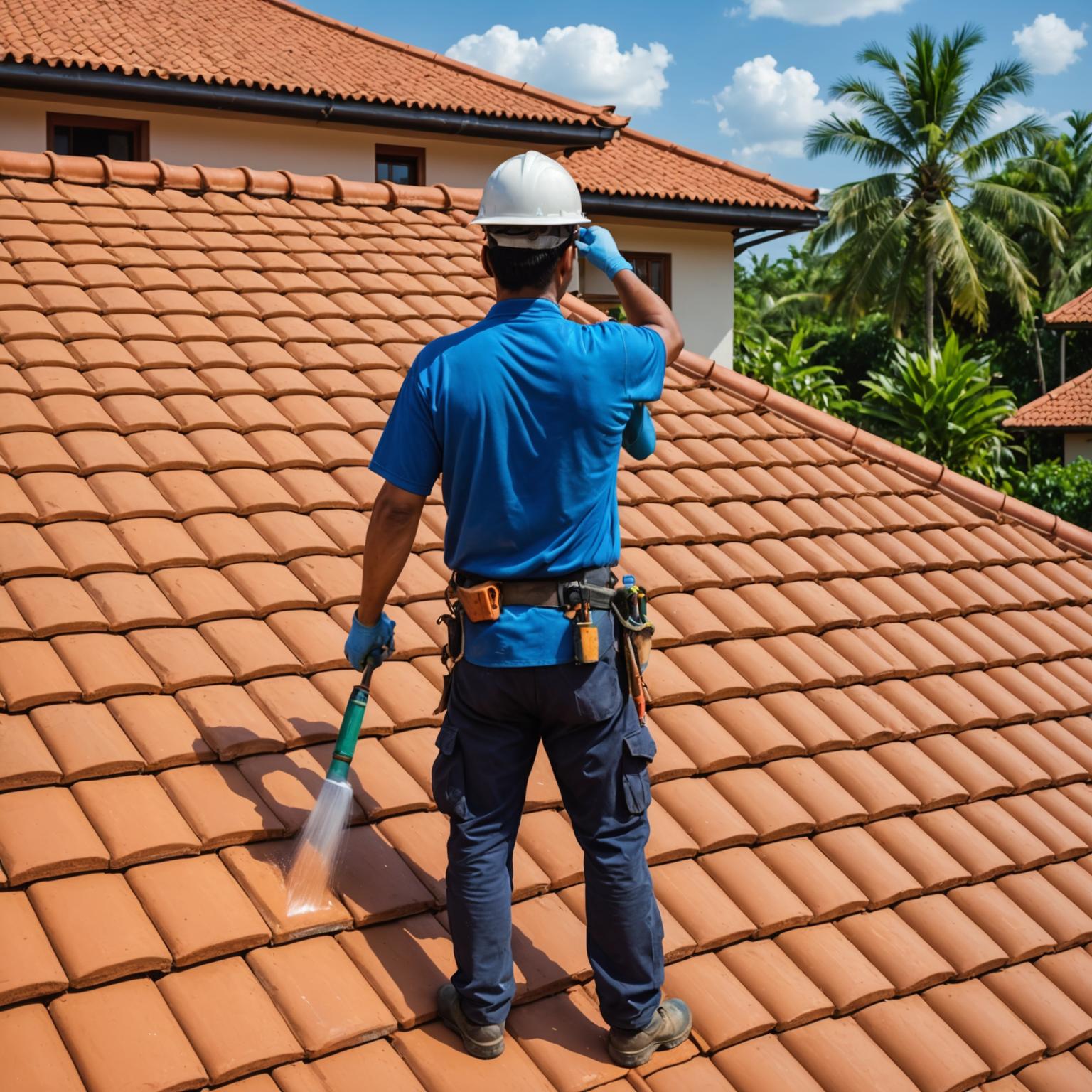 LuxiFlow worker spraying heat-reflective coating on a tile roof